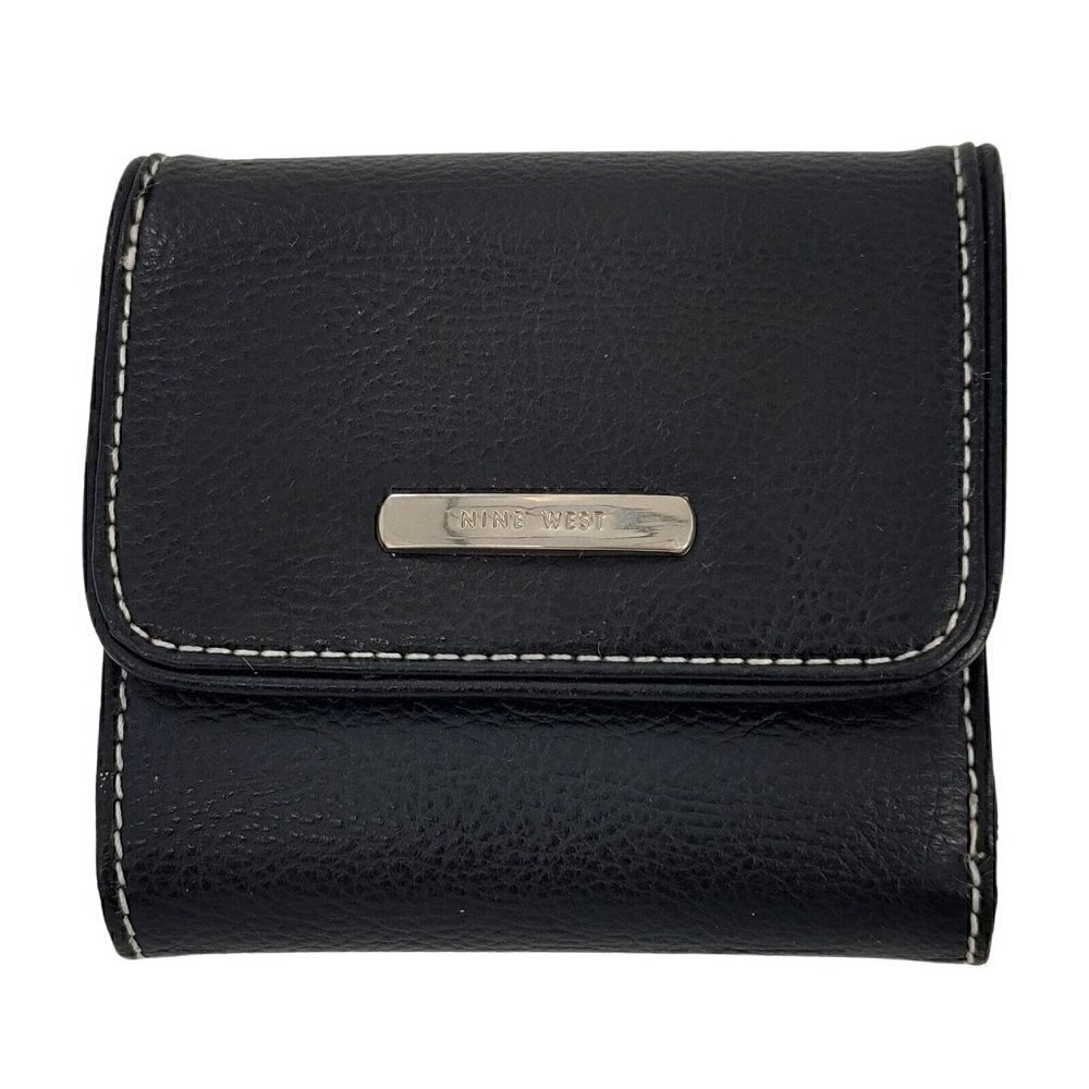 NINE WEST Black Faux Leather and Nylon Tri-Fold Wallet Good Pre-Owned
